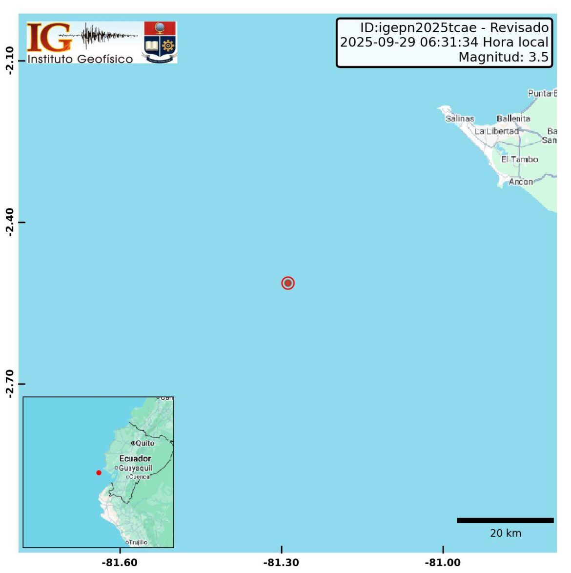 Sismo de magnitud 3.5 se registró frente a las costas de Salinas
